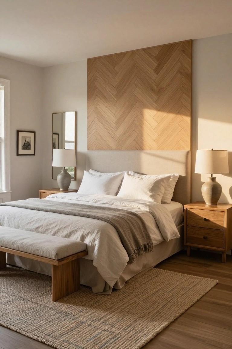 A bedroom with a large herringbone wood accent wall behind a bed with white linens and two nightstands.