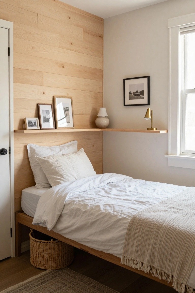 A bedroom featuring a light wood plank accent wall behind a bed with white bedding and a continuous wooden shelf holding small framed pictures and lamps.