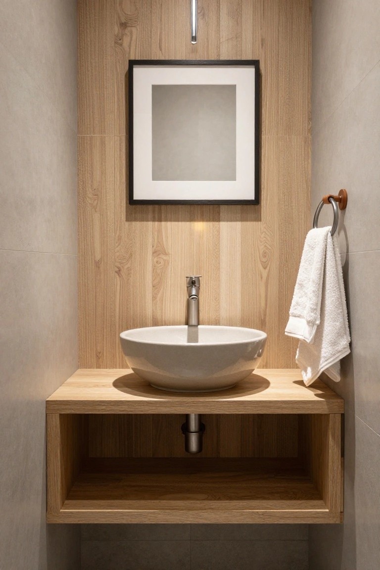 A bathroom featuring a light wood accent wall behind a white vessel sink on a floating wooden vanity, with a framed picture mounted above.