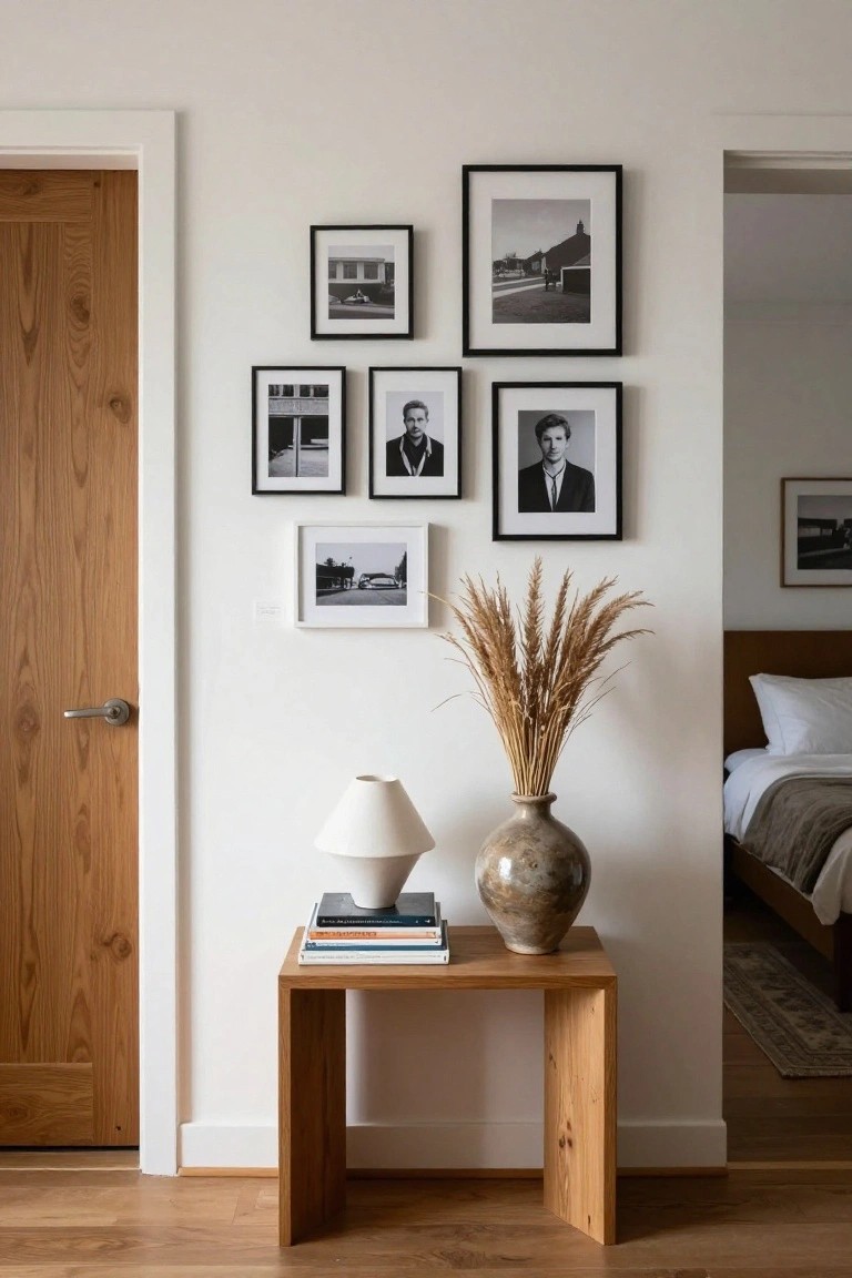 A light wood door stands beside a wooden side table with a lamp, books, and dried grass in a vase against white walls.