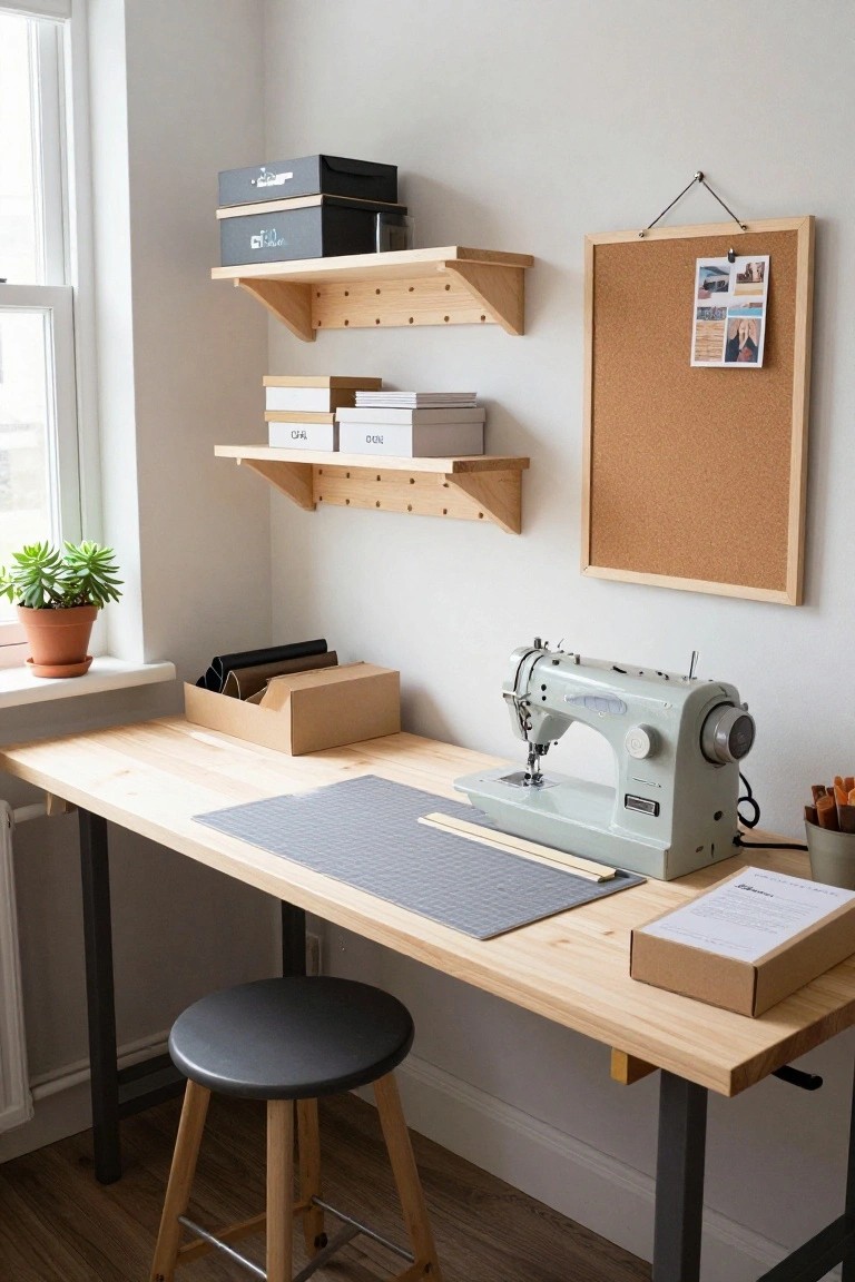 A light wood desk with floating shelves above it holding storage boxes, a sewing machine on the desk, and a stool underneath in a room with white walls.