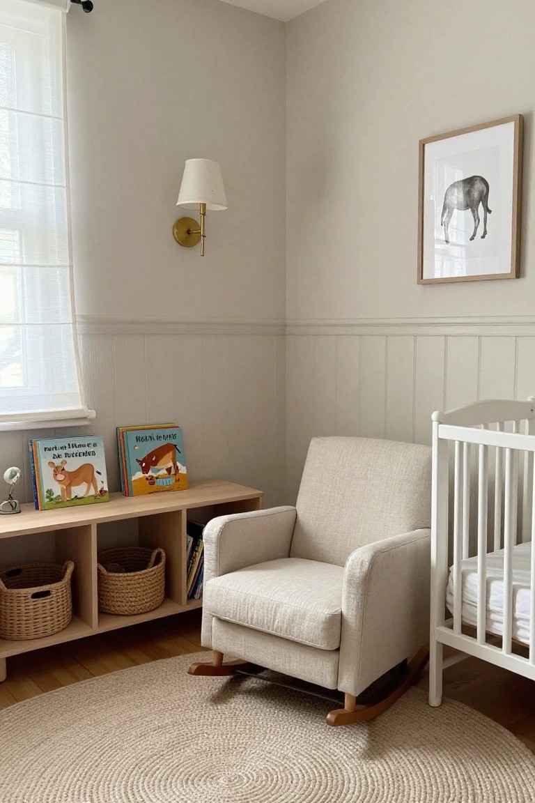 A light wood cubby bench sits against a wall with white wainscoting in a nursery, holding children's books and woven baskets beside a rocking chair and white crib.