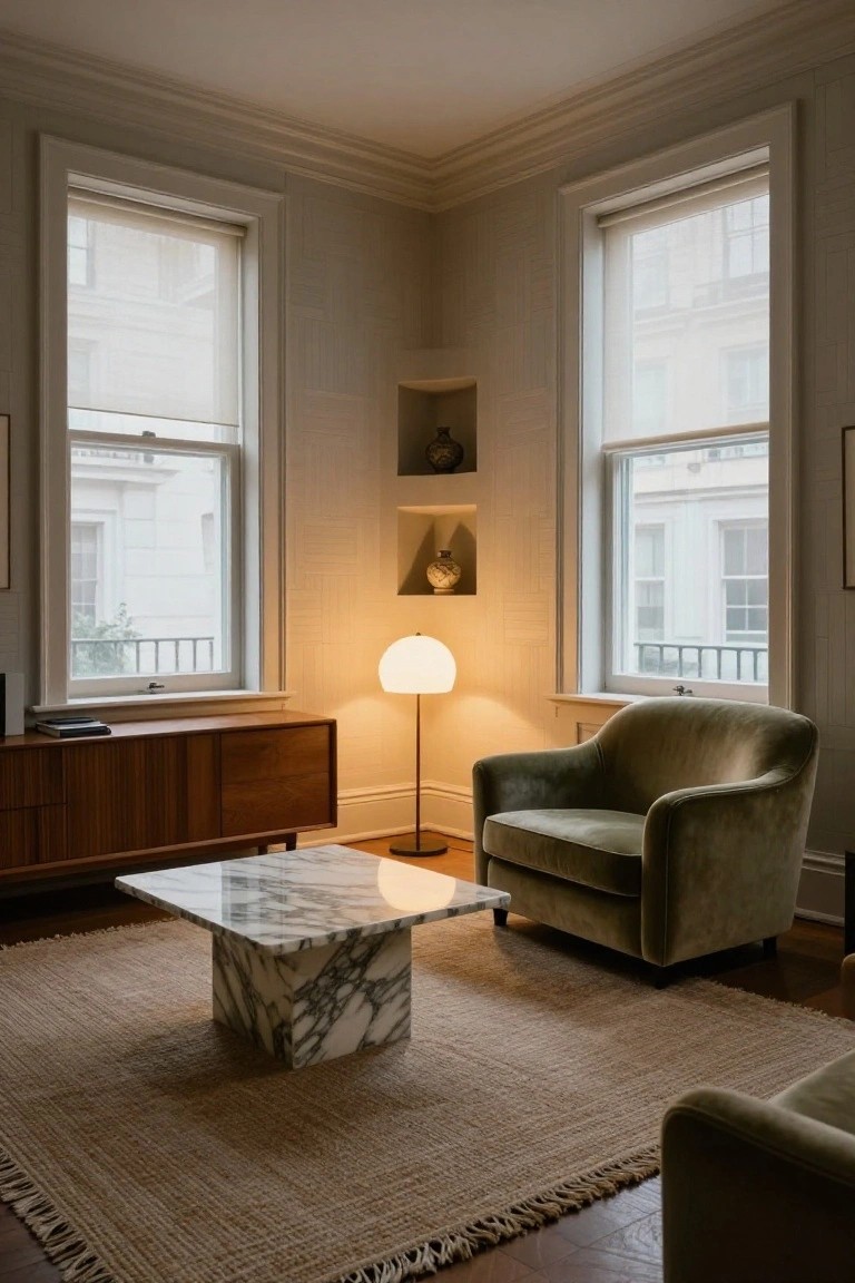 Sunlit room with green velvet armchair, marble coffee table, and glowing floor lamp