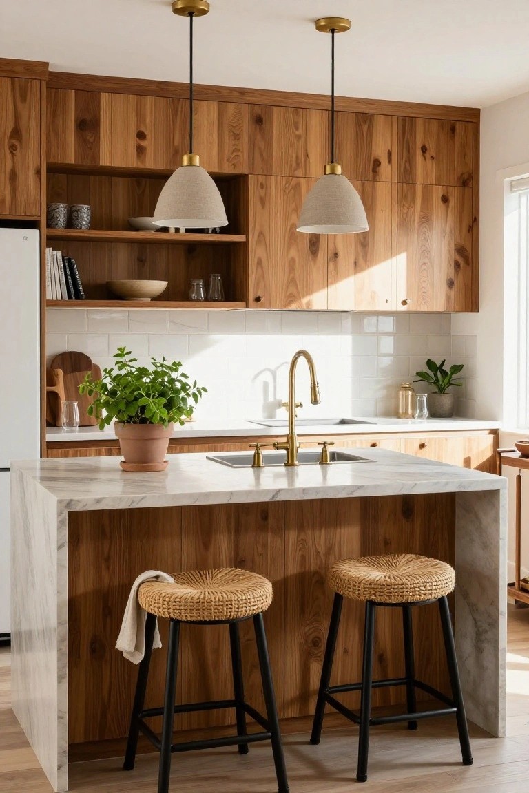 A modern kitchen with medium wood cabinetry, a marble-topped island with two woven stools, a brass faucet, and open shelving on the left.