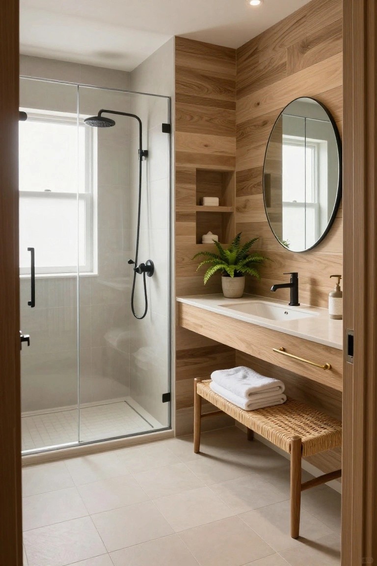 A bathroom interior showing a light to medium wood accent wall behind a floating vanity, round mirror, and built-in niches next to a glass shower enclosure.