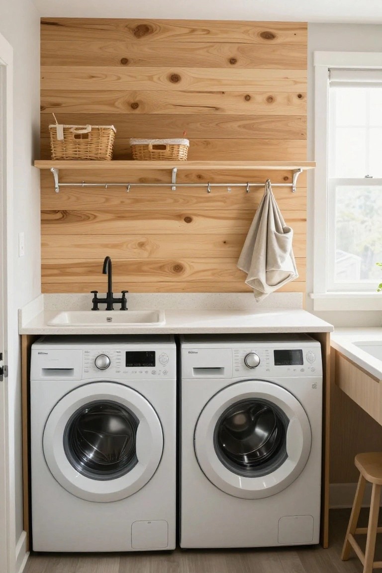 Laundry room featuring two white front-loading washing machines beneath a white countertop with a black faucet sink, set against a light wood horizontal plank accent wall with a mounted shelf and hooks.