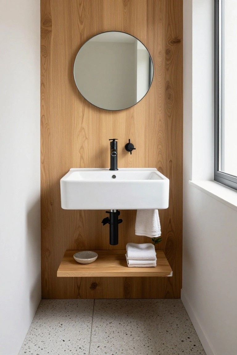 A white rectangular sink mounted on a vertical medium wood accent wall with a round mirror above, black faucet, and a wooden shelf holding folded towels below.