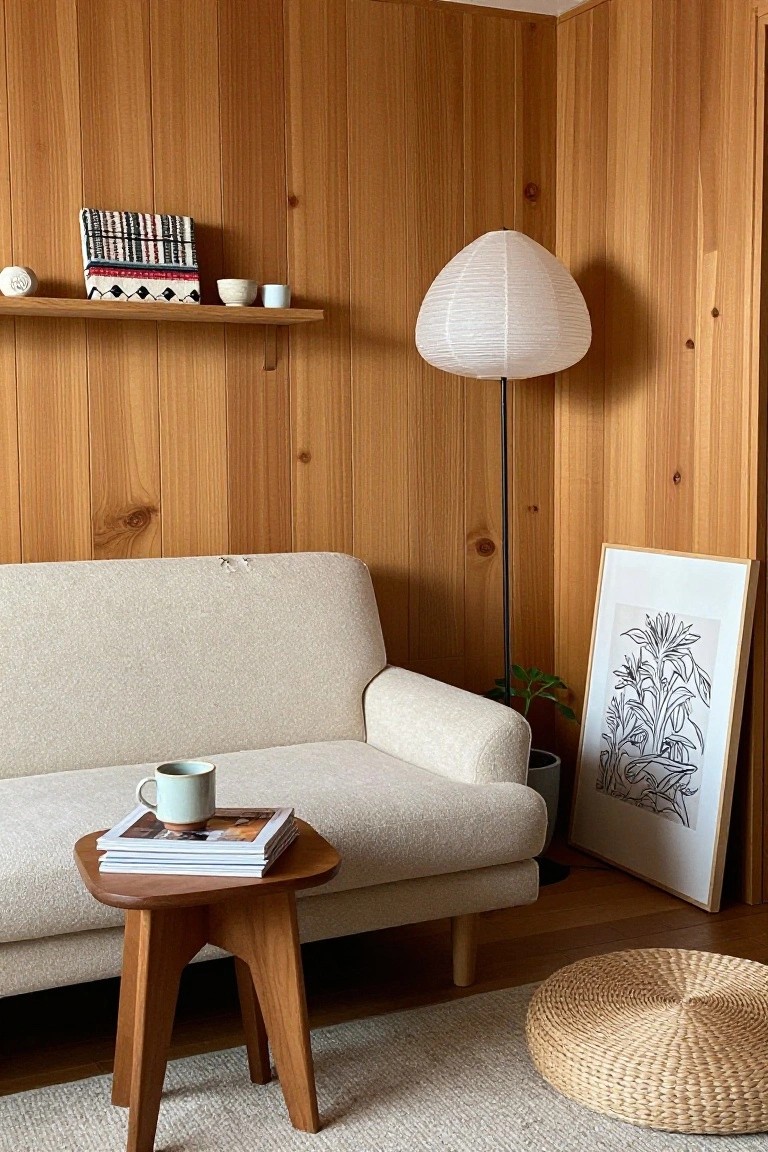 A living room with vertical light wood paneling, a beige sofa, wooden side table with magazines and a mug, floor lamp, and framed art leaning against the wall.