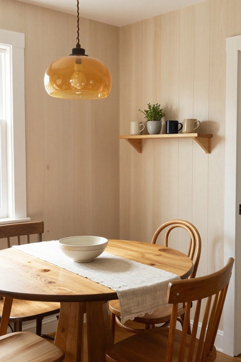 Cozy wooden dining table with linen runner and bowl under glowing amber pendant light