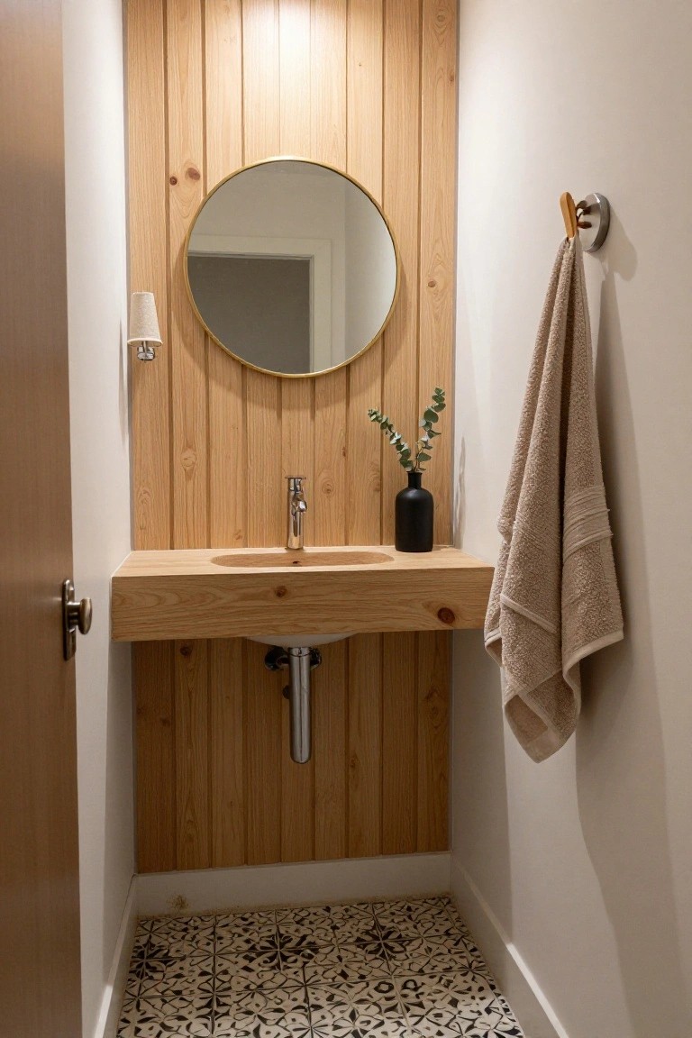 A small bathroom with vertical light wood paneling on the back wall, a floating wood sink, round mirror, and patterned floor tiles.