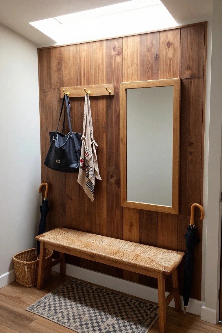 An interior entry space with a medium-toned vertical wood accent wall, gold hooks holding bags, a woven bench in front, a framed mirror mounted on the wall, and two umbrellas leaning on either side.