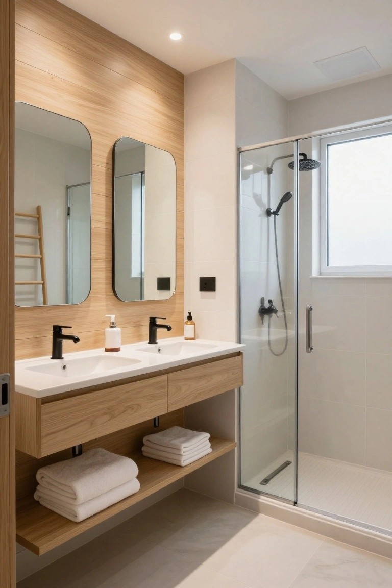 A bathroom with a light wood accent wall behind a floating double vanity, two mirrors above the sinks, and a glass shower to the right.