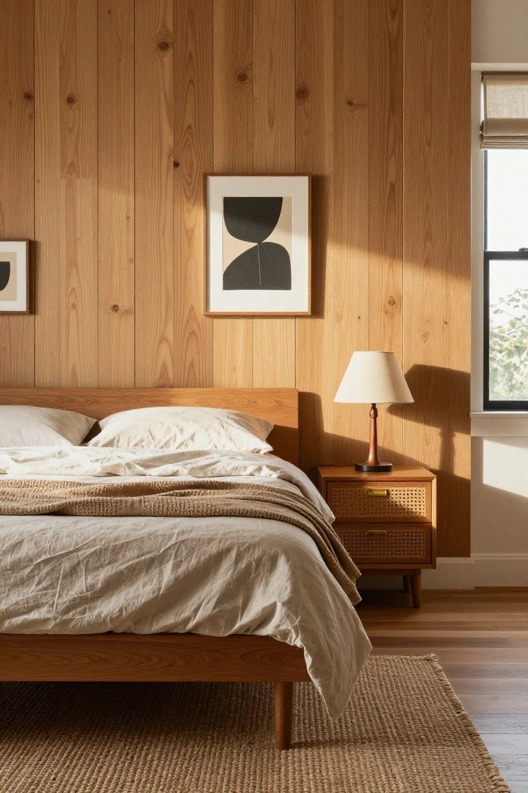 Wooden bed with rumpled linens beside cane nightstand, lamp, and abstract art on paneled wall