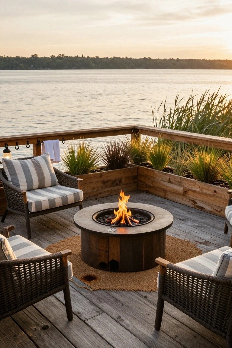 A round fire pit centered on a wooden deck with woven chairs around it, overlooking a calm body of water at sunset.