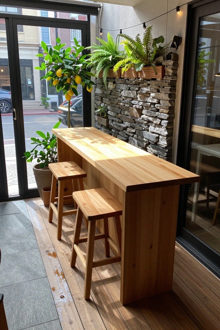 A long wooden bar counter with two stools sits on a patio against a stacked stone wall with potted plants and ferns beside large glass doors.