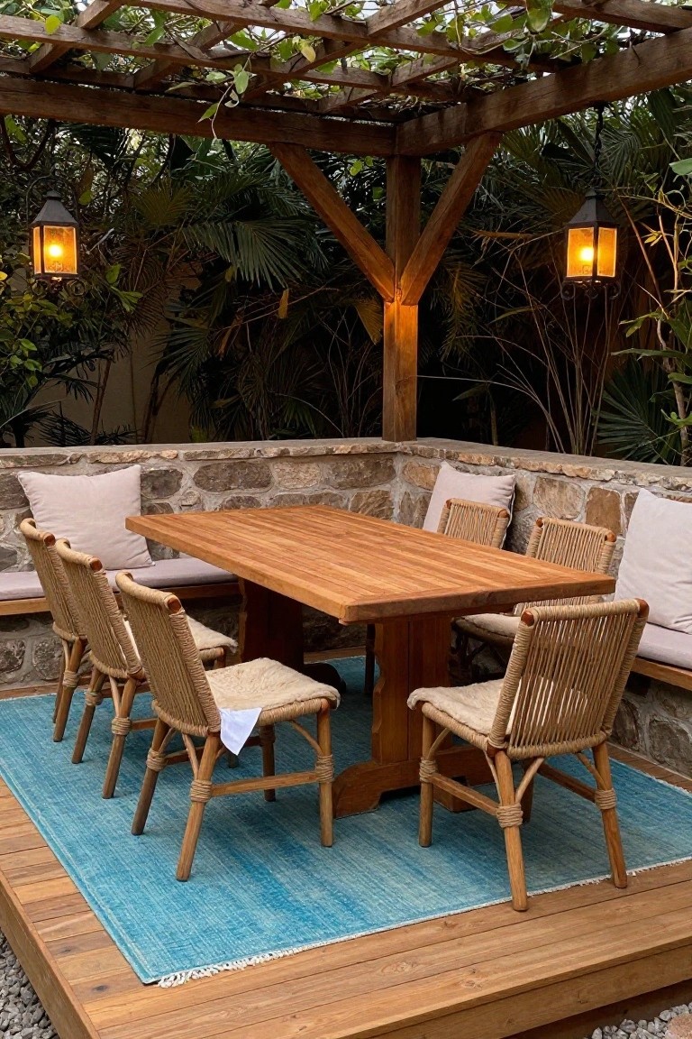 A large wooden dining table with mixed woven chairs sits on a blue rug under a wooden pergola on a stone-walled patio.