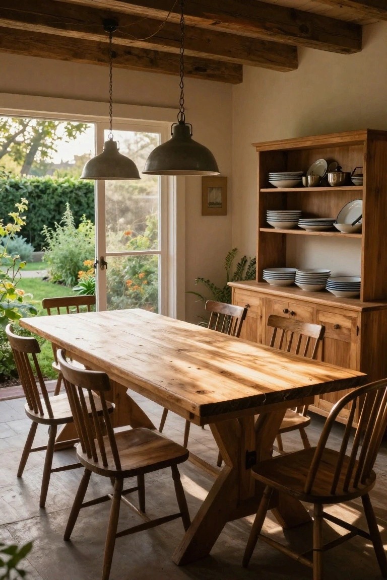 A large rustic wooden dining table with several wooden chairs sits in a room with pendant lights and a wooden hutch filled with dishes, with open doors leading to a garden.