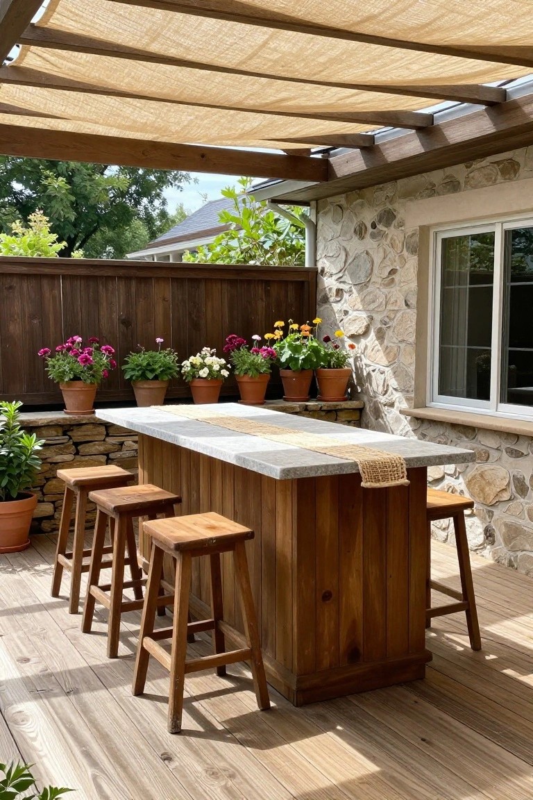 A wooden bar island with a stone top sits on a deck under a fabric shade sail, with wooden stools and potted plants around it.