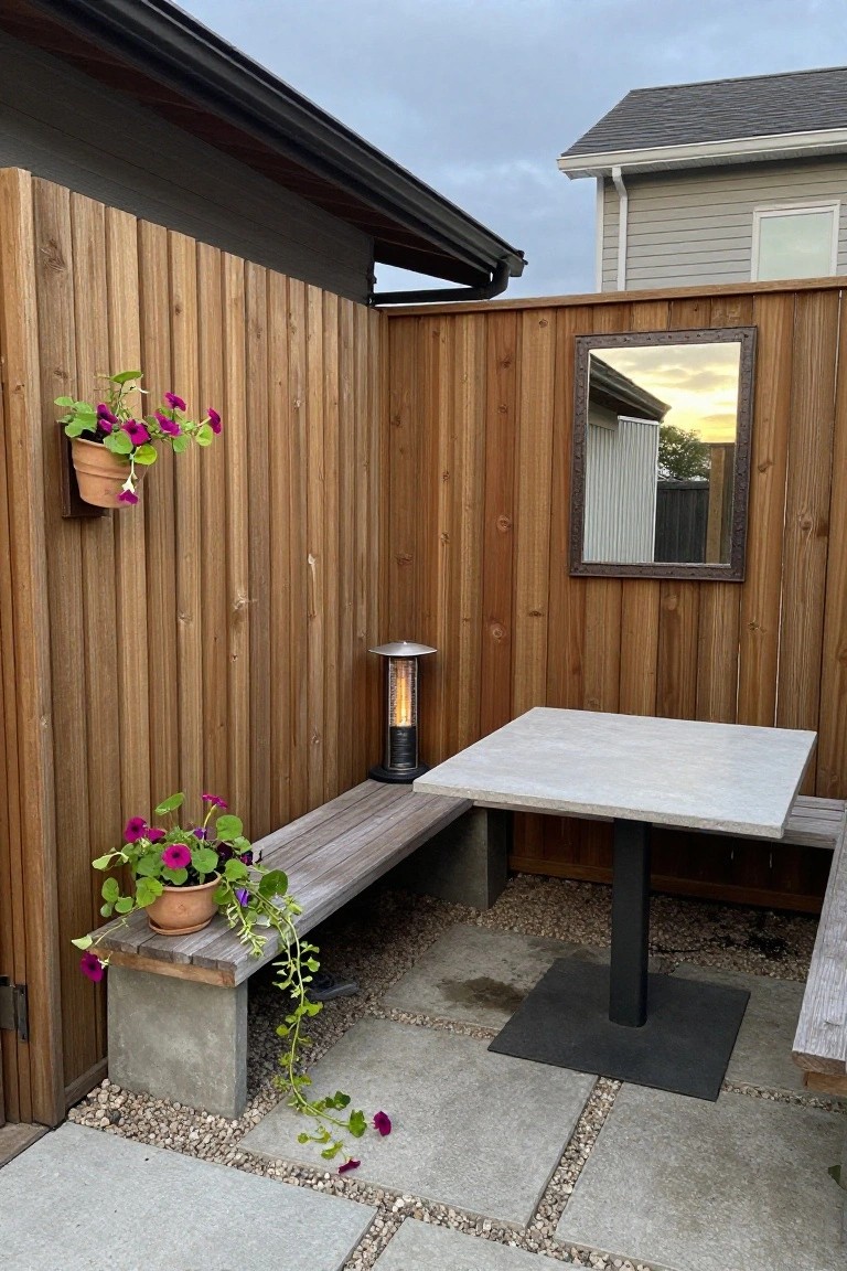 Wooden patio with concrete table, bench, heater, mirror, and purple flower pots.
