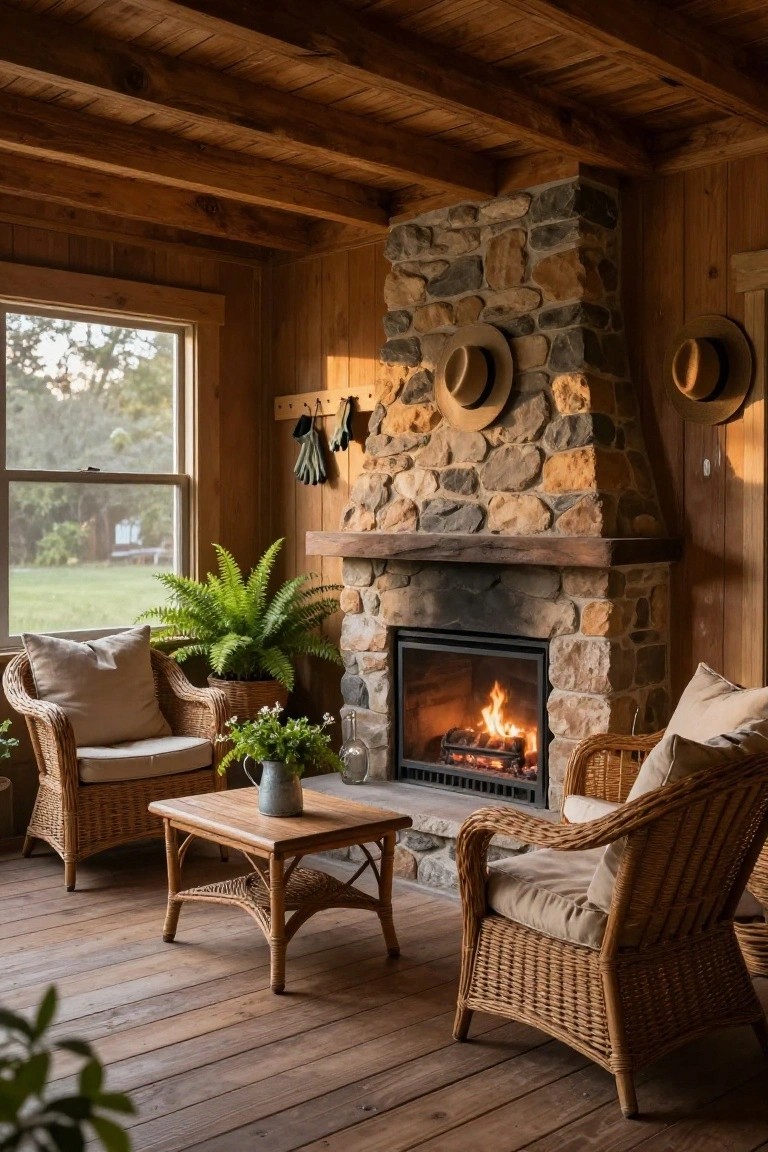 A covered wooden porch features a large stone fireplace with a burning fire, wicker armchairs with cushions, a wooden coffee table, and hats hanging on the wall.