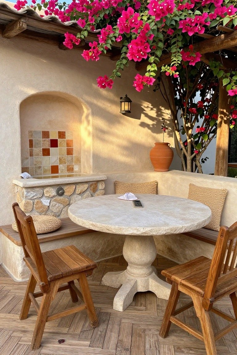 A round stone table with wooden chairs and built-in benches sits on a patio under pink bougainvillea with a terracotta pot nearby.