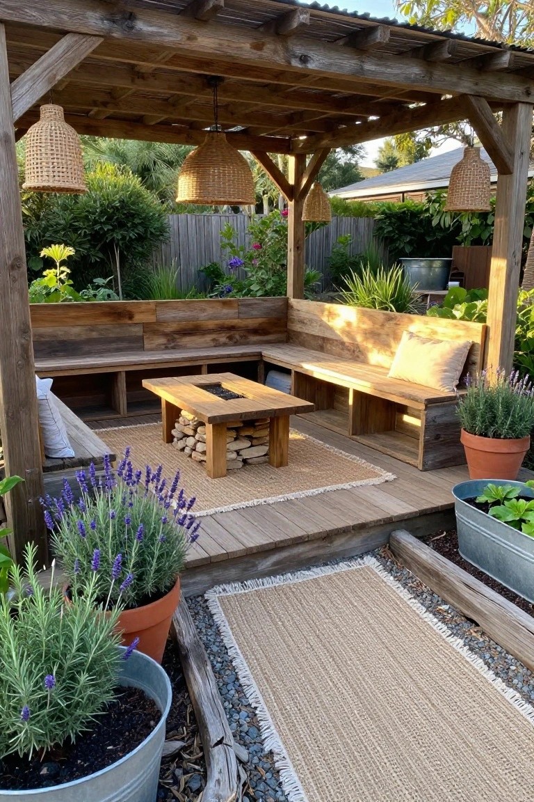A wooden patio under a pergola with L-shaped built-in benches, a central fire pit table, woven rugs, and potted plants around the edges.