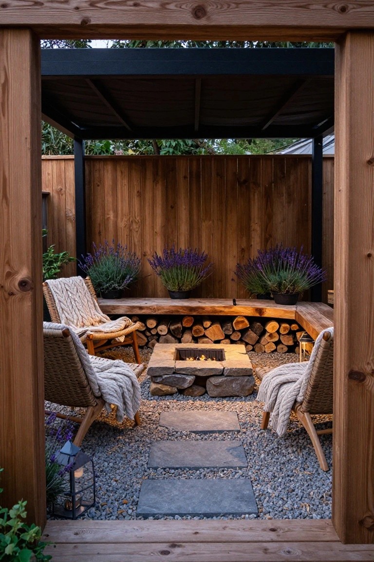 A wooden patio area with a stone fire pit, built-in bench holding stacked logs, woven chairs with blankets, and potted lavender plants.