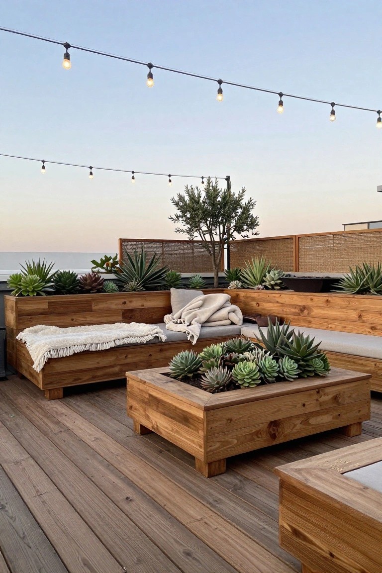 A wooden rooftop patio with built-in L-shaped benches, a central square wooden fire pit planter filled with succulents, string lights above, and an ocean view beyond the railing.