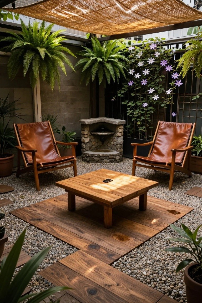 Two brown leather chairs and a square wooden coffee table rest on a wooden platform over gravel, with a stone fountain and hanging ferns visible in the background.