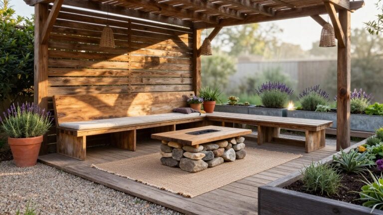 19 Rustic Wooden Patio Ideas Full of Warm Textures and Natural Character A wooden patio under a pergola with L-shaped built-in benches, a central fire pit table, woven rugs, and potted plants around the edges.