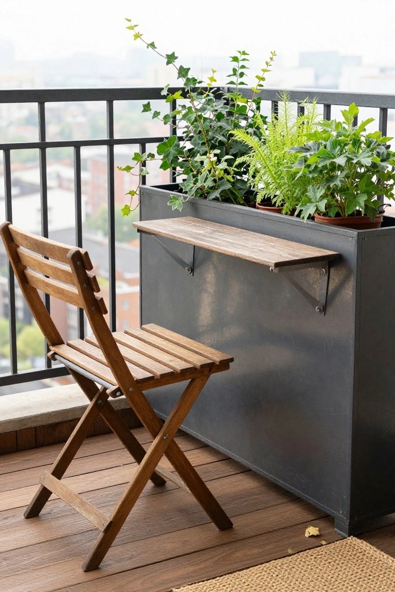 Wooden folding chair beside metal planter box with wooden shelf and lush plants on balcony.