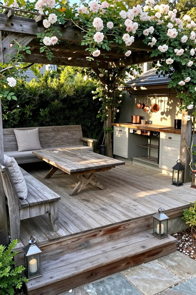 A rustic wooden patio with built-in benches, a large dining table, an outdoor kitchen, and a pergola covered in pink climbing roses.