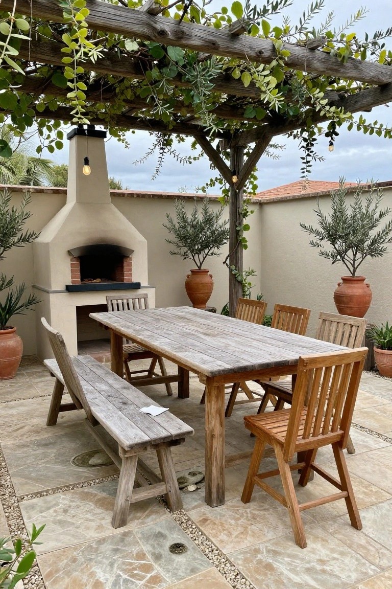 A weathered wooden dining table with a bench on one side and wooden chairs on the other sits on a stone patio under a pergola beside an outdoor fireplace.