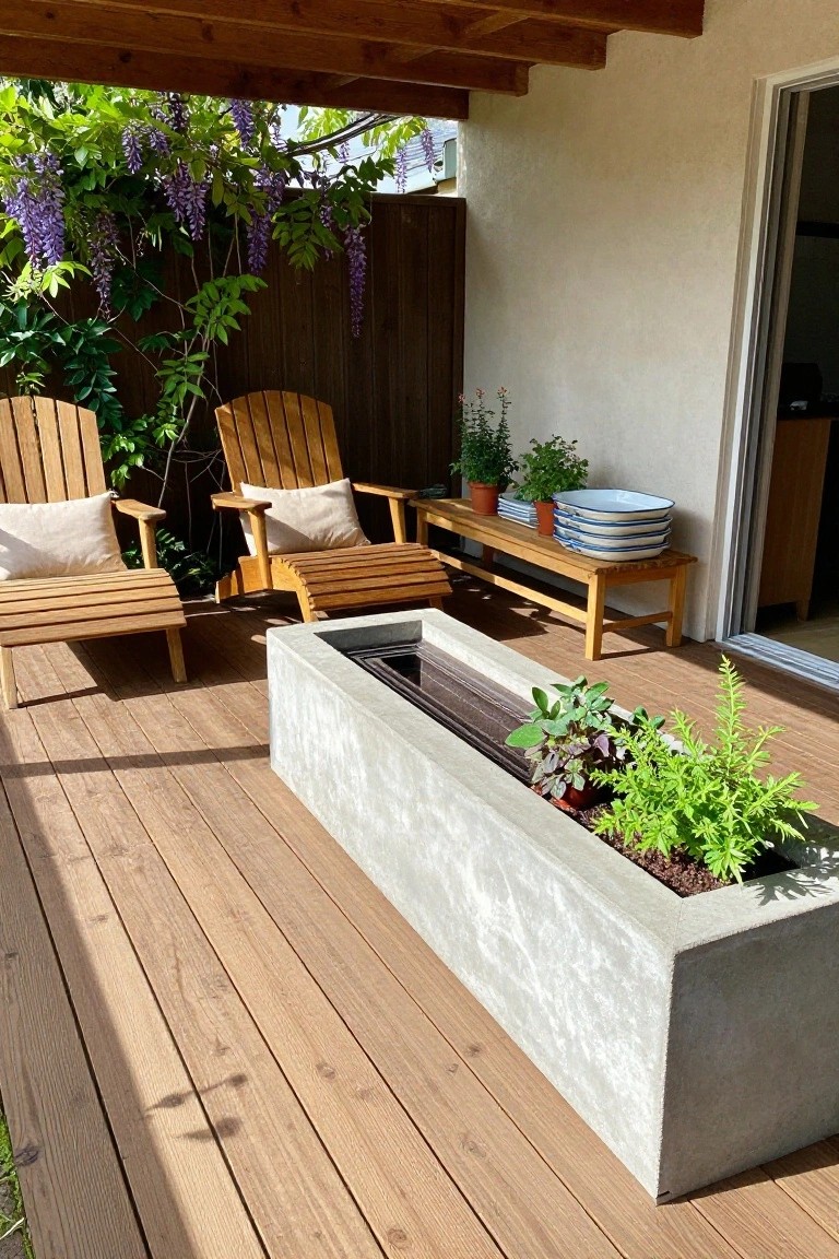 A wooden deck with two Adirondack chairs, a long concrete planter holding a linear fire feature and assorted plants, and a wooden bench against a stucco wall.