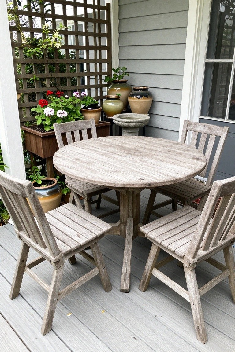 A round weathered wooden table with four matching chairs arranged on a gray wooden deck beside potted plants and a house wall.