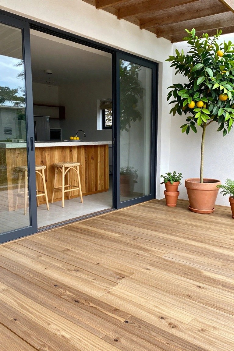 Wooden deck outside modern kitchen with sliding doors, bar stools, and potted citrus tree.