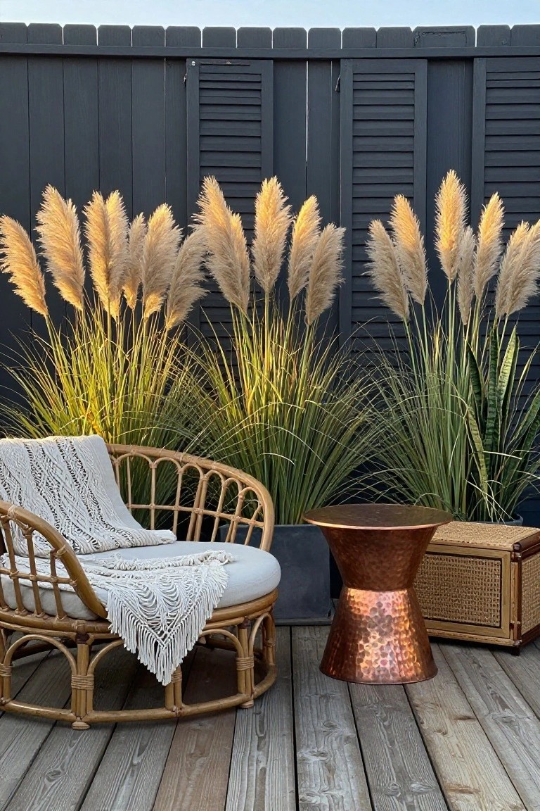 A woven rattan chair with a light cushion and throw sits on a gray wooden deck beside a hammered copper table, with tall ornamental grasses in front of a dark fence.