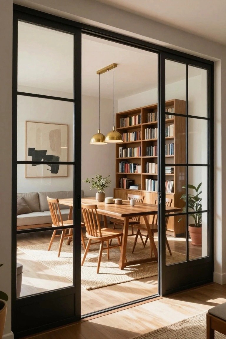 Interior view through black-framed sliding glass doors showing a wooden dining table with chairs, a large bookshelf, and part of a living area with a sofa.