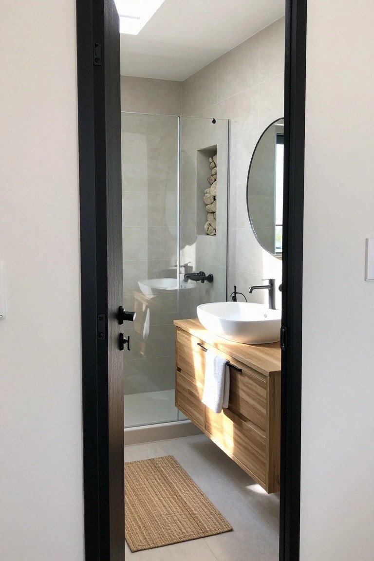 A modern bathroom with light gray tiles and a white vessel sink viewed through an open dark wooden door with black frame and hardware.