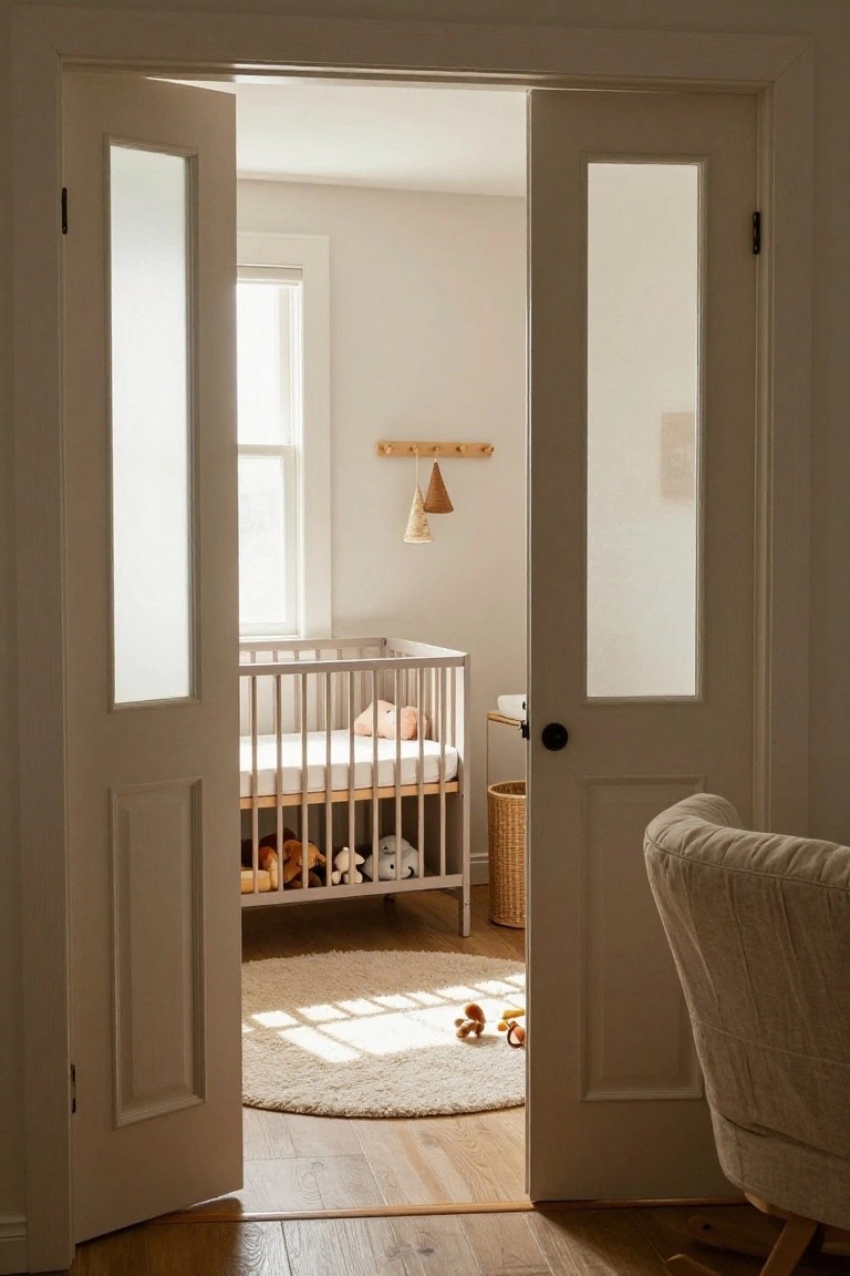 Open doors frame sunlit nursery with white crib, round rug, and toys.