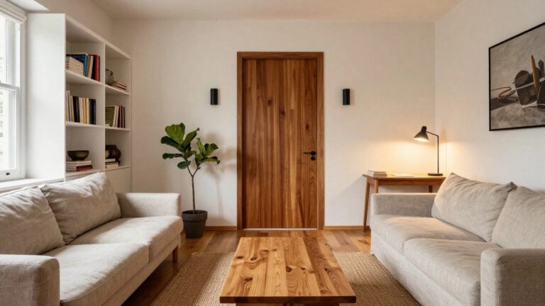 13 Smart Wooden Interior Door Designs Designed for Modern Open-Concept Homes A wooden interior door with a horizontal panel is centered between a light sofa on the left and a wooden desk with a chair on the right.