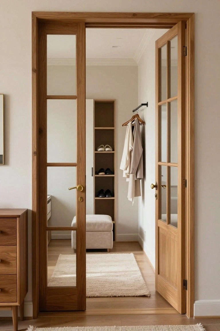 Wooden double doors with multiple glass panes stand open to show built-in shelves holding shoes and hanging clothes in a light hallway.