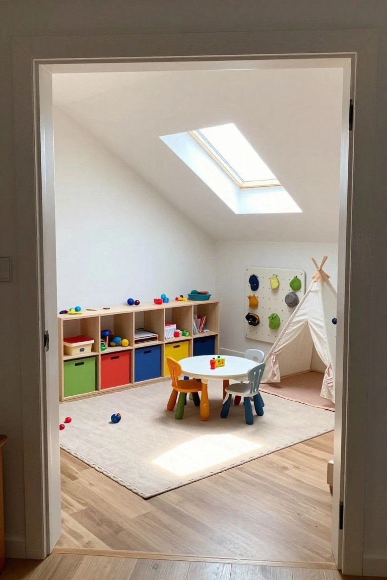 A view through an open interior door into a children's playroom with wooden storage shelves, a small table, colorful bins, a pegboard, and a teepee tent under a skylight.