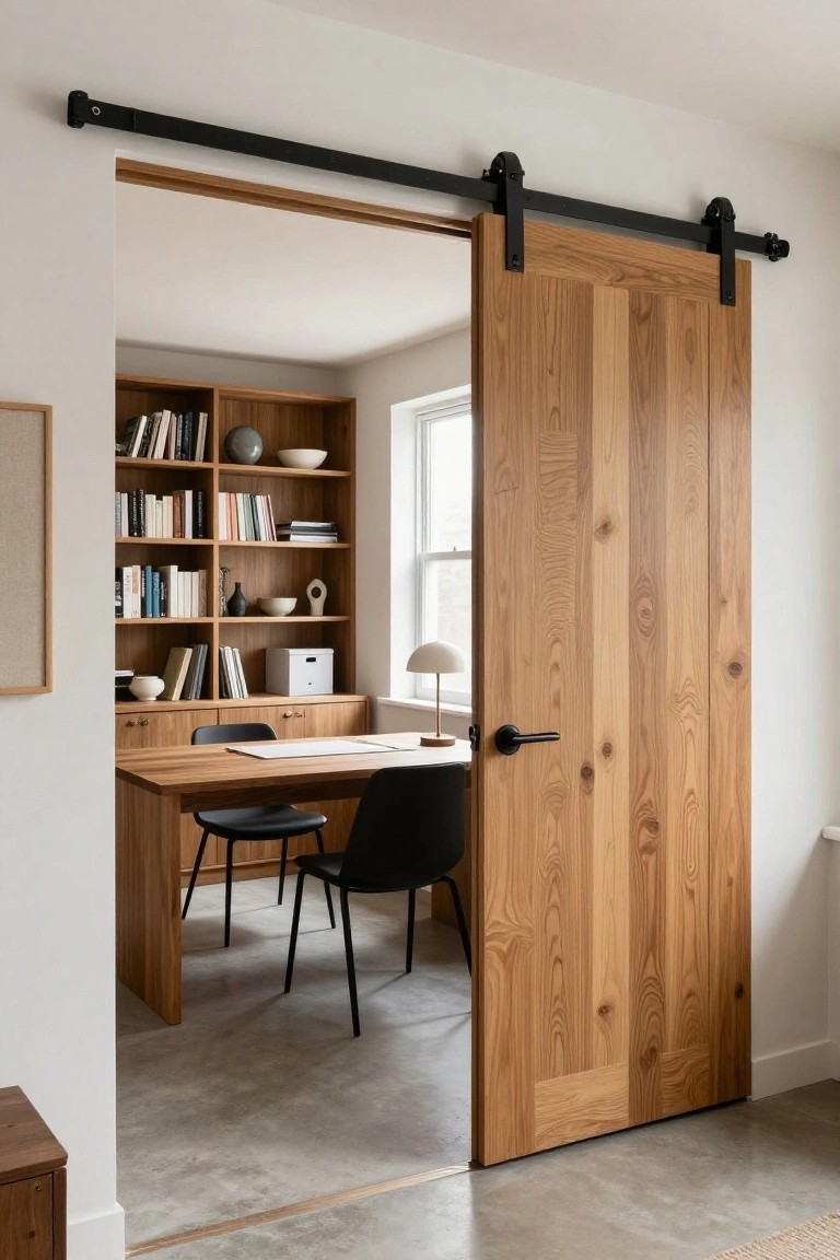 A light wood sliding barn door on a black metal track stands open to reveal a home office with a wooden desk, two black chairs, and built-in bookshelves.