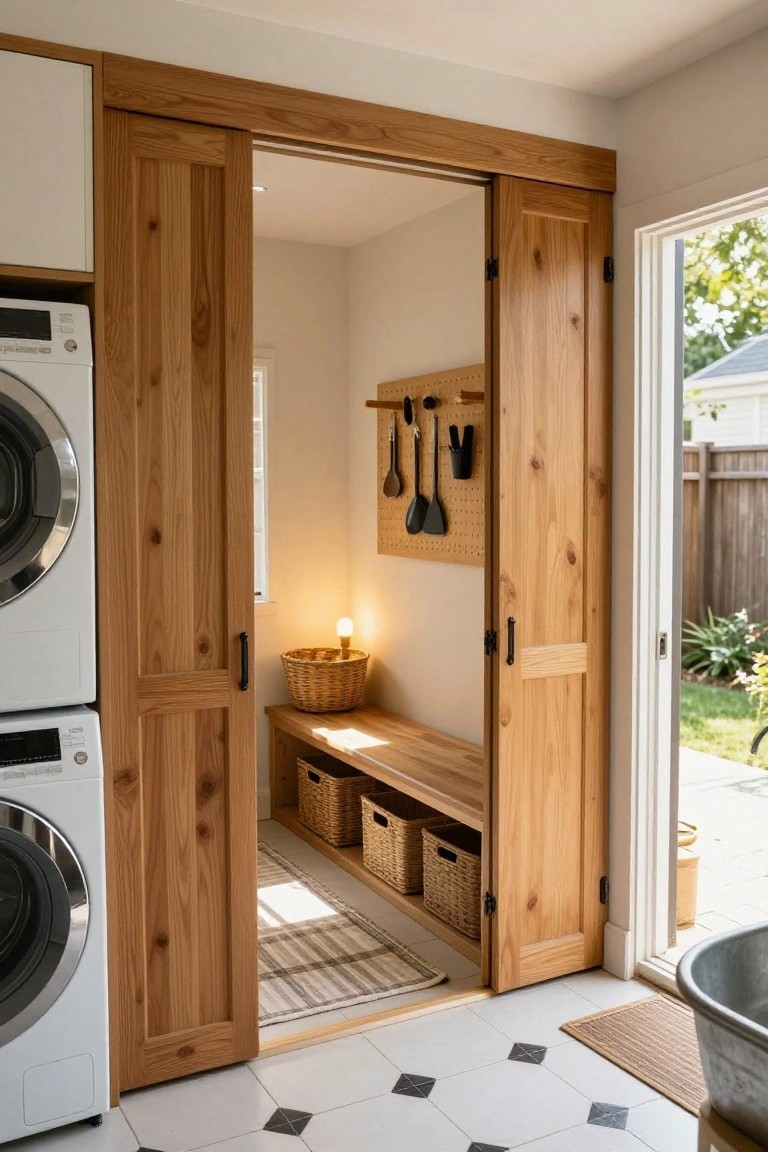 Wooden sliding doors open to reveal a built-in bench with storage baskets below and a pegboard on the wall in a laundry area next to washing machines.