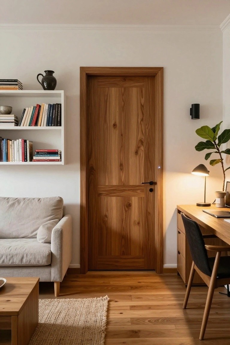 A wooden interior door with a horizontal panel is centered between a light sofa on the left and a wooden desk with a chair on the right.