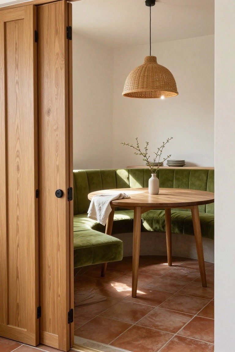 An open wooden door with black hinges leads into a room with a round wooden table, green velvet banquette seating, a woven pendant light, and terracotta tile flooring.