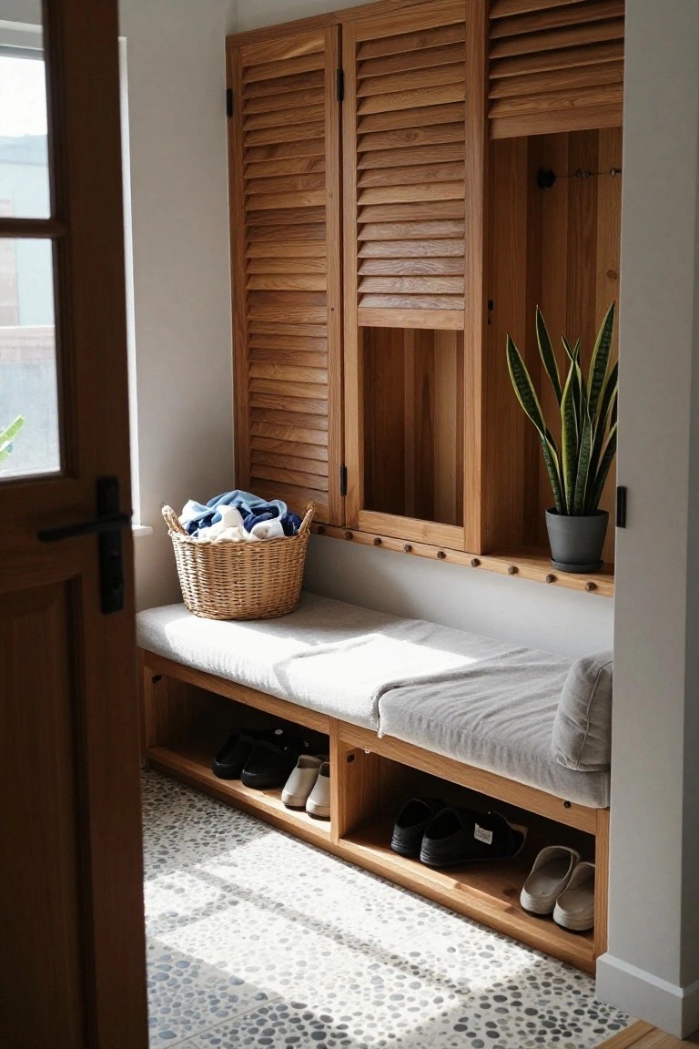 Wooden mudroom bench with gray cushion, shoe cubbies, wicker basket, and snake plant