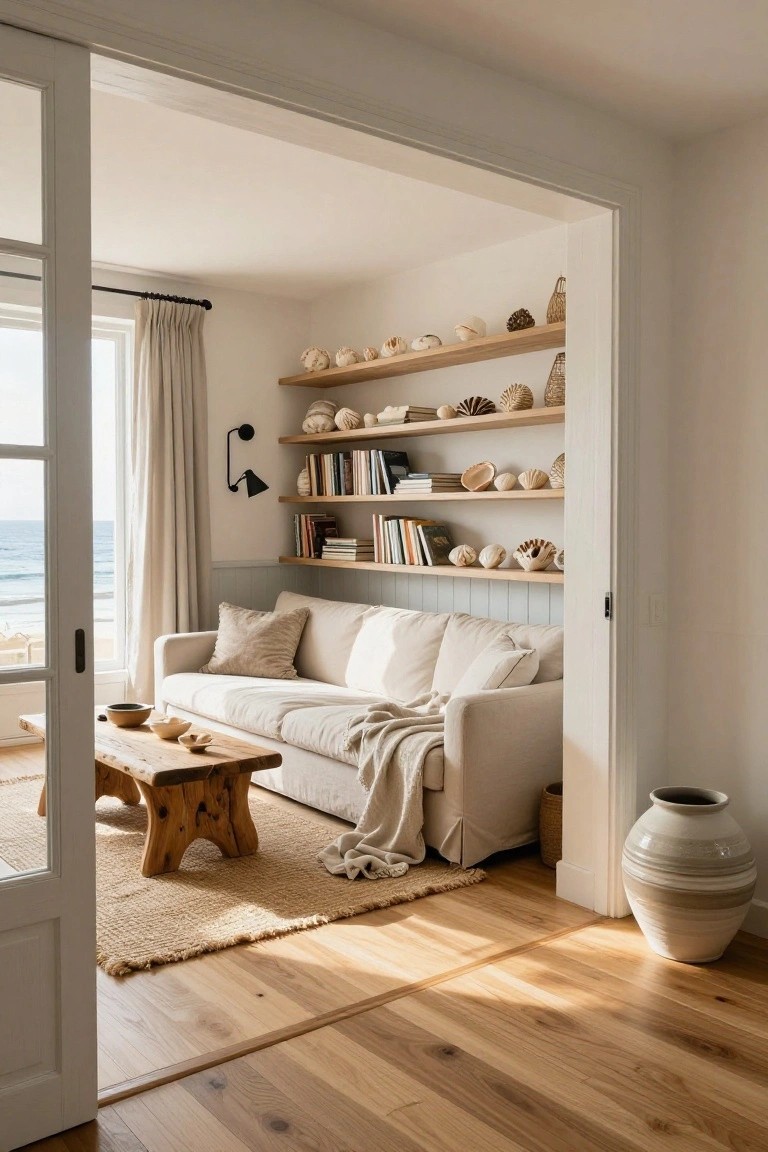A white wooden door with glass panes stands open, revealing a living room with a white sofa, wooden coffee table on a jute rug, and floating shelves holding books and seashells above light wood flooring.