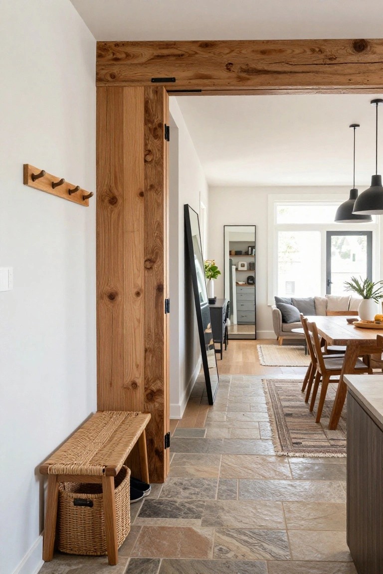 A thick wooden sliding door partially open between a stone-tiled entry area with a woven bench and an open living and dining space beyond.
